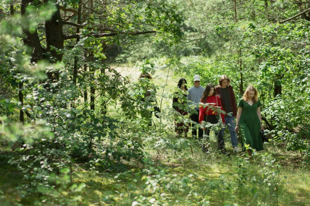 Grupė žmonių miške, einančių miško maudynių taku. Žaliuojanti gamta.